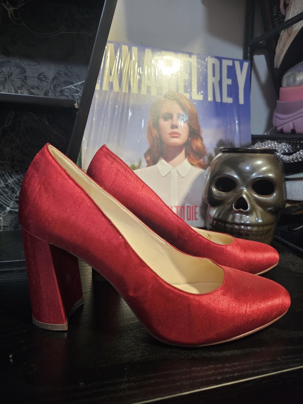 Nine West Red Satin Block Heel Pumps